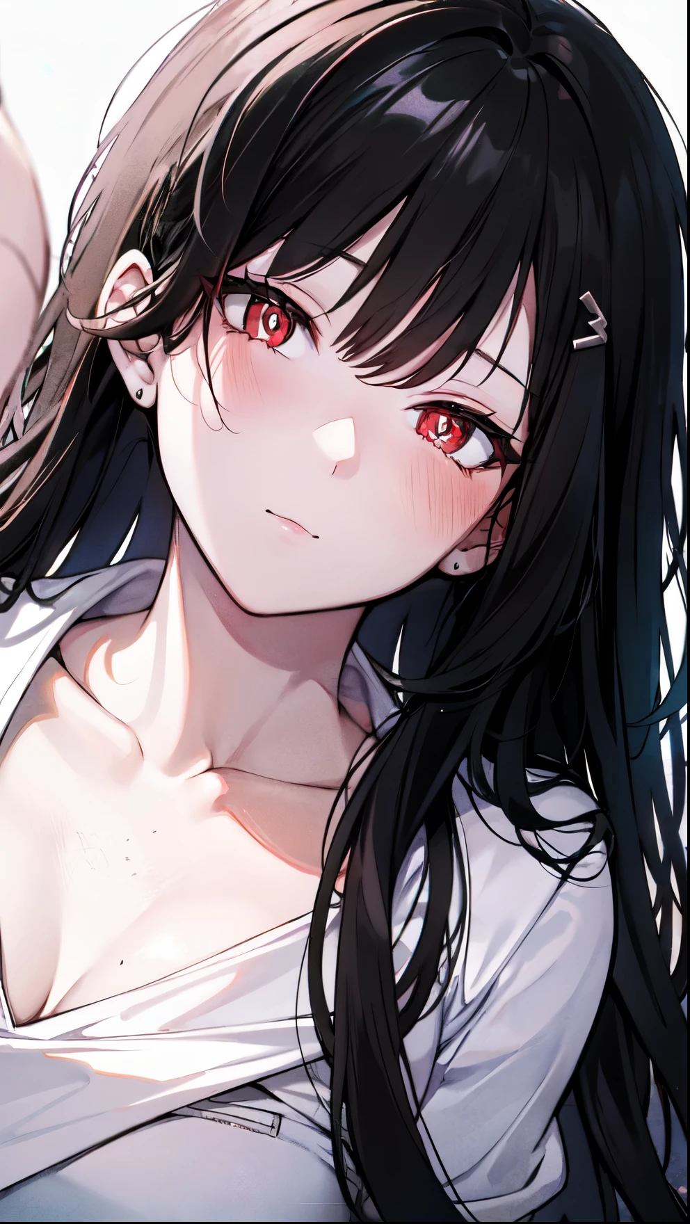 detailed, (masterpiece:1.2), (solo:1.2), (female), slender, (black hair), collarbone, (off_shoulders), long hair, (white_gi), (bare_shoulder), closed_mouth, red_eyes, (white_pupils:1.3), hairclip