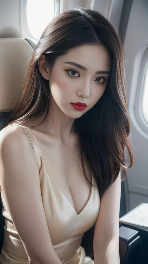 Create a stunning portrayal of a beautiful air hostage exuding elegance and confidence. Picture her with porcelain pale skin, adorned with a striking shade of red lipstick that accentuates her lips. Render her face with intricate details, capturing every subtle expression and contour. Let her body possess a graceful yet resilient demeanor, with each feature meticulously crafted to reflect her strength and beauty. Transport viewers into the scene, where she stands poised amidst the chaos of the airplane cabin, a symbol of resilience and determination in the face of adversity