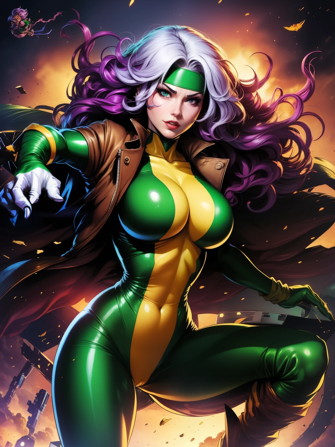 (((COMIC STYLE, CARTOON ART))). A comic-style image of Rogue, with her as the central figure. She has long, straight purple hair, purple eyes, and red lips. Wearing a traditional Green anda yellow costume. (((Slim Hot body, sexy, sensual, camel toes ))), (((Camel Toes))), She is surrounded by a night city, with skyscrapers, bridges and lights. She has a determined and confident expression, as if she is ready to fight crime. Detailed, detailed face, intricate. Cinematic background.