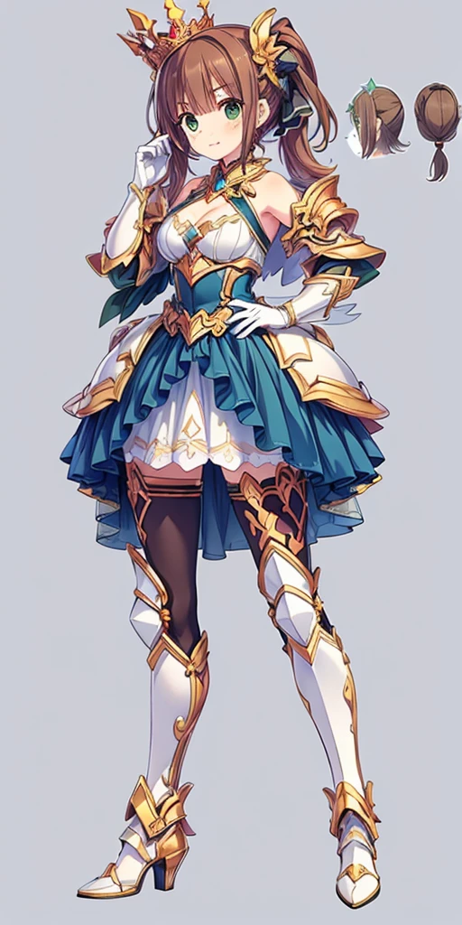 ((masterpiece:1.2)), ((highest quality)),((three-sided view, front view, side view, back view, multiple views, multiple poses and expressions, many parts)), concept art, character concept art, character sheet, (masterpiece), best quality, 1girl, solo, a girl in armor and a crown,white armor, golden decoration, off-shoulder, breasts, thighhighs, long hair, brown hair, sidetail, green eyes, armored legs, cleavage, bare shoulders, zettai ryouiki, crown, gloves, armor, simple background, white gloves, biue dress, high heels, shoulder armor