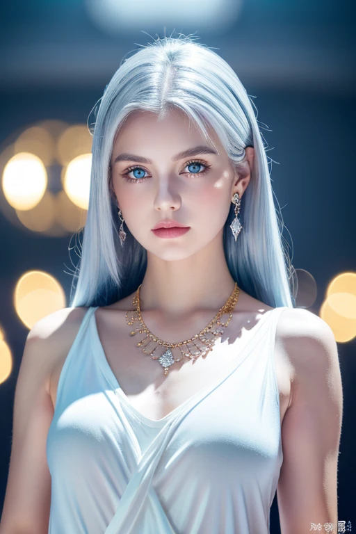 silver hair girl, fair glowing skin, blue eyes, perfect contrast, balance light, perfect body, full length body, wearing gold necklace and earring, soft lips, highest quality, 8k, close up, ultra detailed image, wearing loose white shirt and black shorts