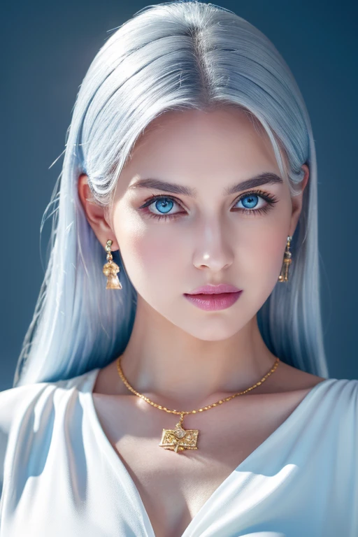 silver hair girl, fair glowing skin, blue eyes, perfect contrast, balance light, perfect body, full length body, wearing gold necklace and earring, soft lips, highest quality, 8k, close up, ultra detailed image, wearing loose white shirt and black shorts