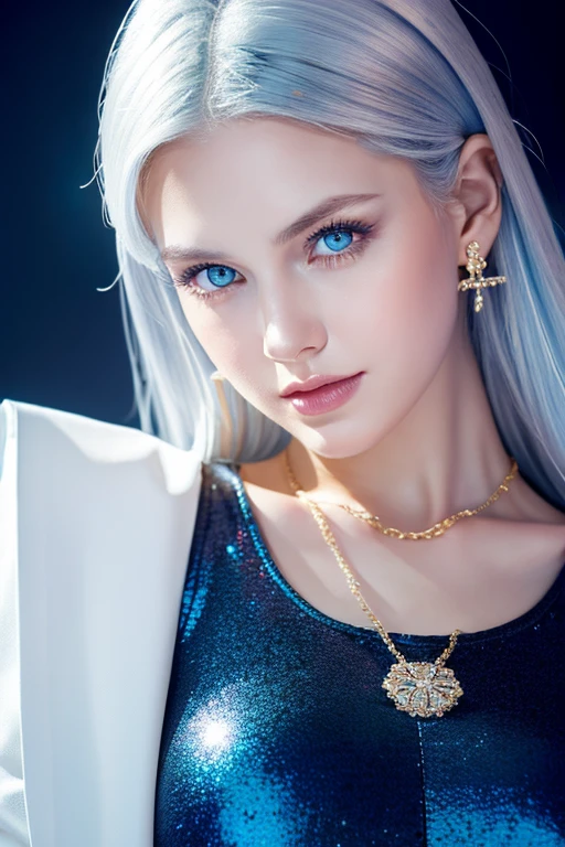 silver hair girl, fair glowing skin, blue eyes, perfect contrast, balance light, perfect body, full length body, wearing gold necklace and earring, soft lips, highest quality, 8k, close up, ultra detailed image, wearing loose white shirt and black shorts