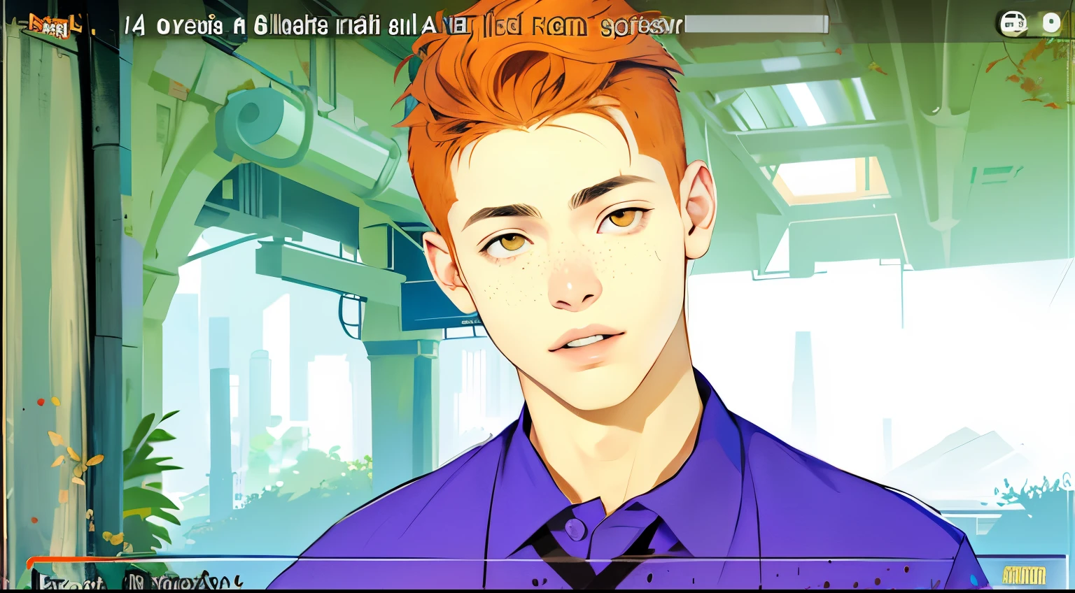 The young man is 14 years old tender face orange hair orange eyes , esta hablando esta algo molesto grita
