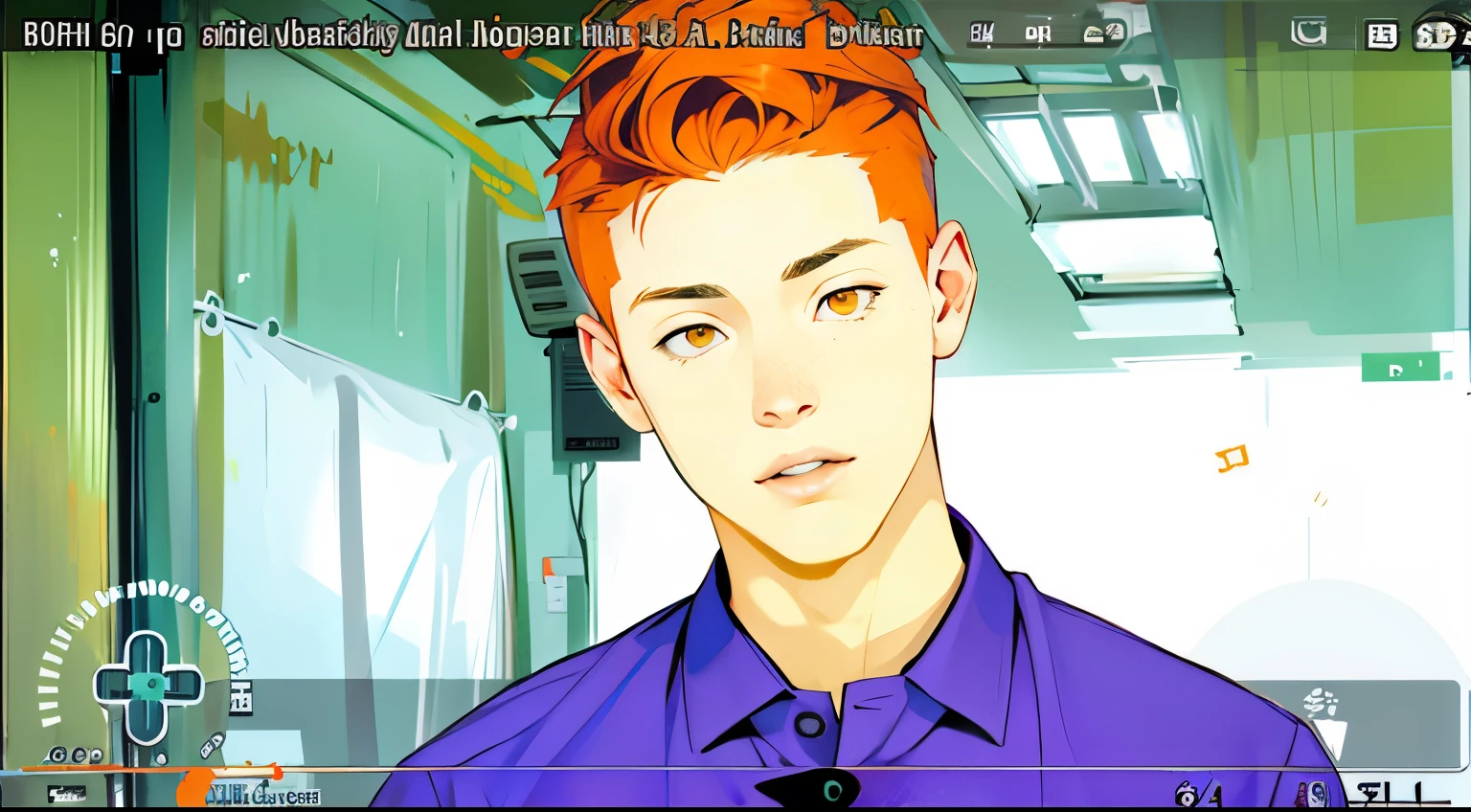 The young man is tender face orange hair orange eyes , esta hablando esta algo molesto grita