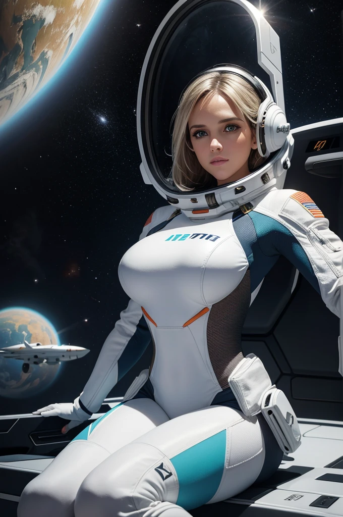 fille, tenue spatiale en latex blanc collés au corps, très beau, très attractif, très fin, cockpit spatial, large breasts, hublot espace,