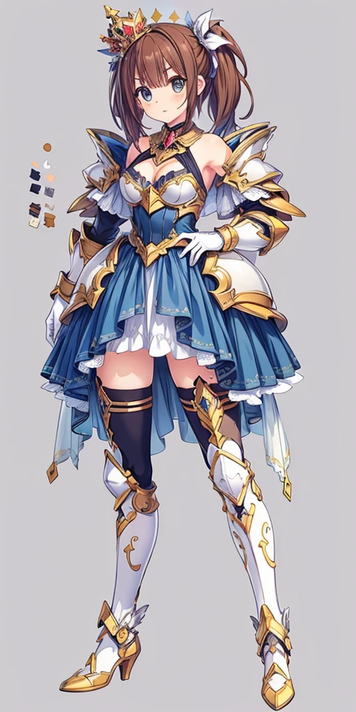 ((masterpiece:1.2)), ((highest quality)), concept art, character concept art, character sheet, (masterpiece), best quality, 1girl, solo, a girl in armor and a crown,white armor, golden decoration, off-shoulder, breasts, thighhighs, long hair, brown hair, sidetail, armored legs, cleavage, bare shoulders, zettai ryouiki, crown, gloves, armor, simple background, white gloves, biue dress, high heels, shoulder armor