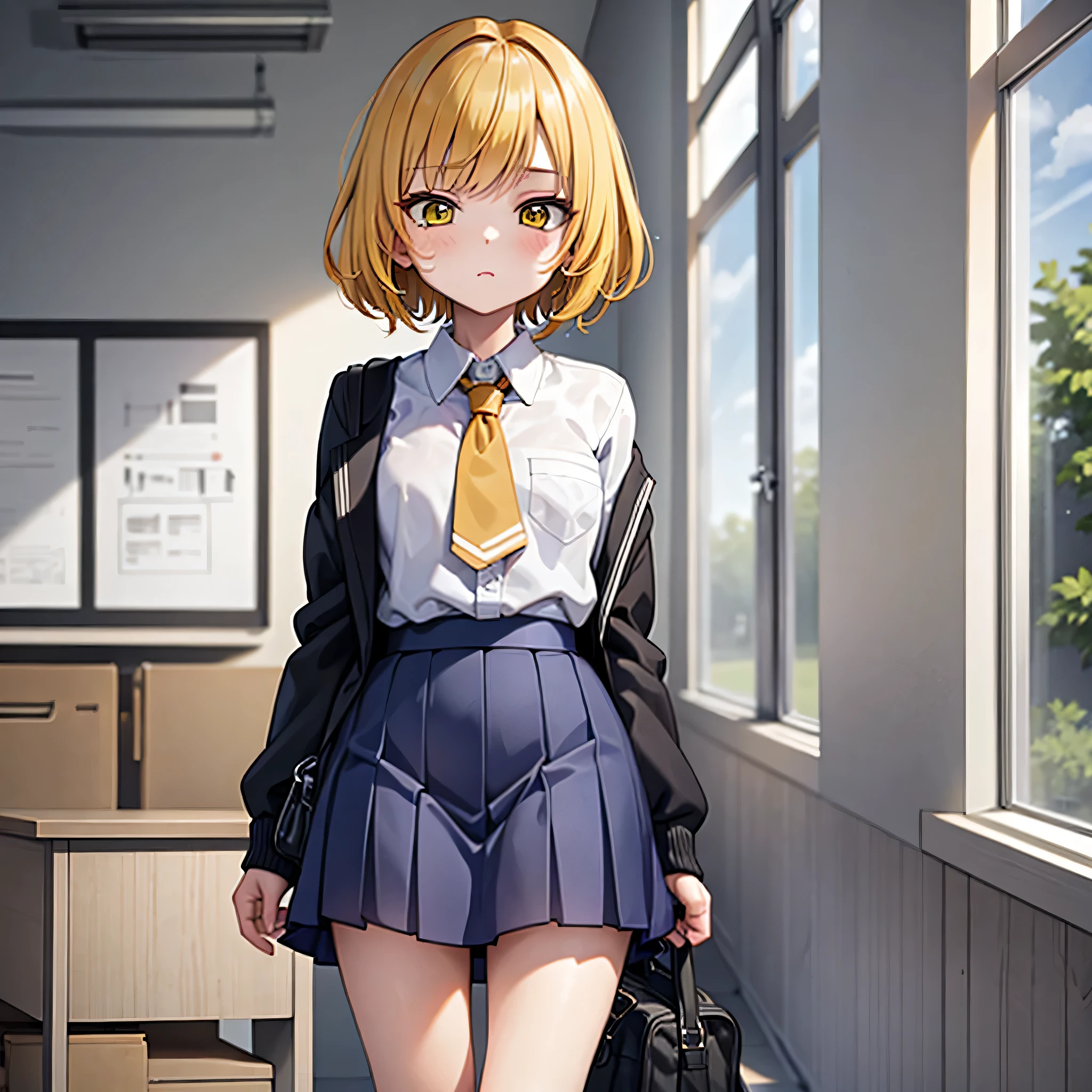 Draw a short girl with natural yellow hair color.., Dressed in school uniforms,