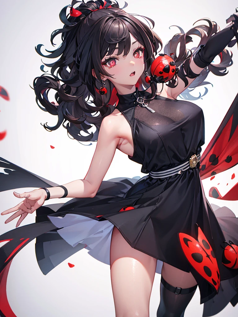 baby black skin color, black curly hair, dark brown eyes, Dress with flowers, Holding a ladybug in his hand, silver color background, 8k, 3D.