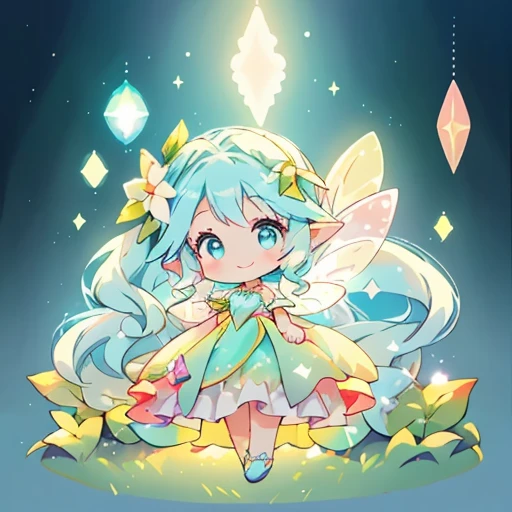 beautiful fairy girl in tiered colorful gradient ballgown dress, gradient sparkling ,A dress with lots of frills、 queen of the fairies, Huge white fairy wings、 Flowers and colorful plants, beautiful, masterpiece, highest quality、gradient hair, light blue hair, floating hair, wavy hair, very long hair, Hair ribbon at the back of the head, pastel wreath on head, aqua eye, long eyelashes, pointed ears, light smile, bright pupils、bright light、magical forest、sky at night、Fairy Light、fairy magic、A gentle light drifts