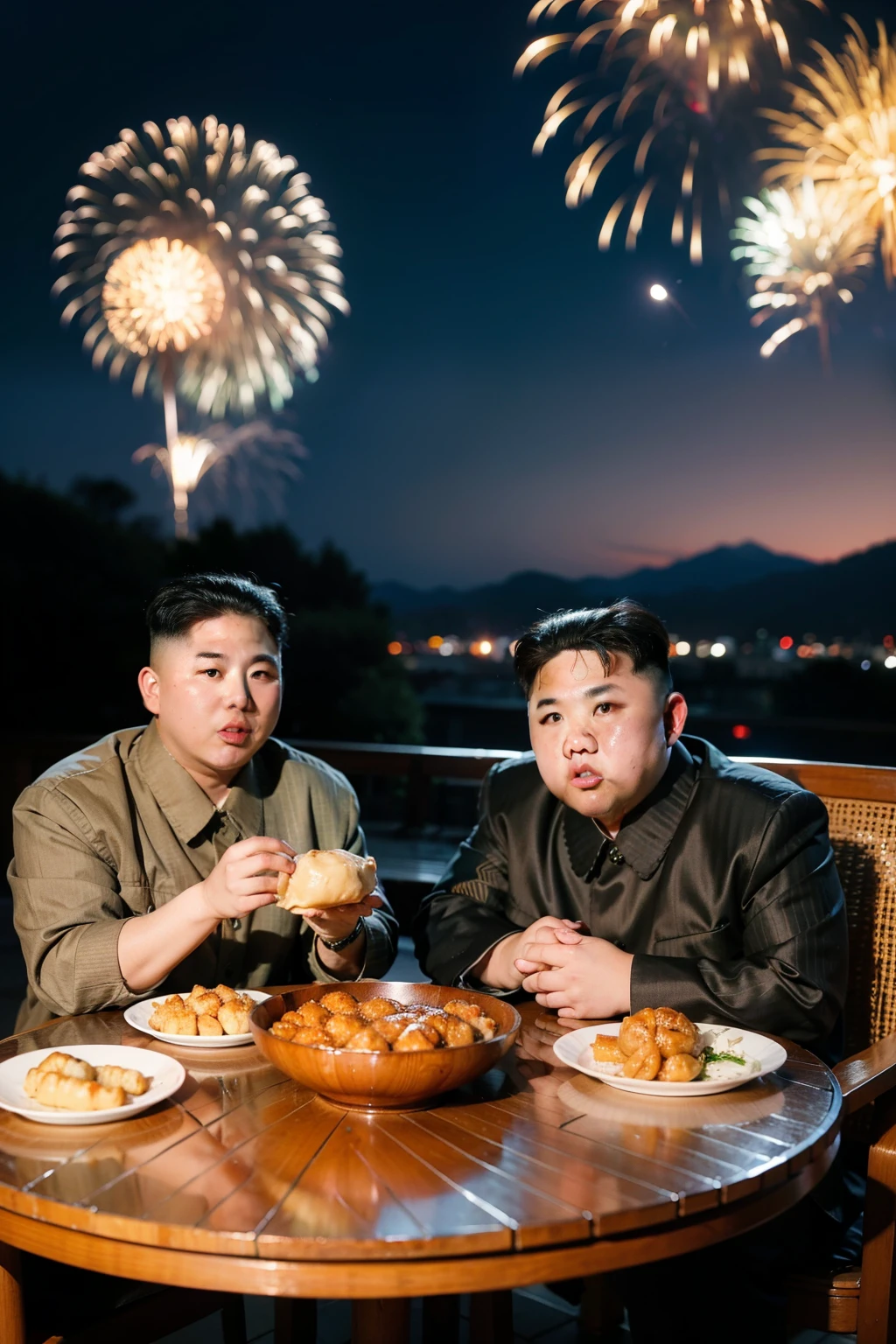 A image of the last supper with Kim Jong Un, Donald Trump, Emanuel Macron and Modi instead of apostles and heaps of food on the table