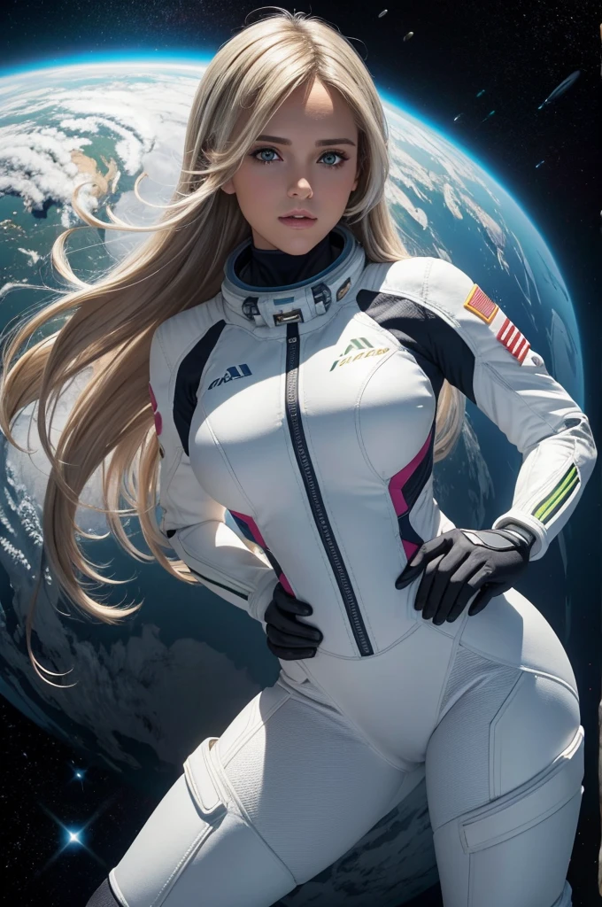 Mia Malkova | Arte Vetorial | segurando uma arma | Look at the camera | Corpo inteiro | poses sensual | Cabelos longos | Spacesuit white and lime | space Background | flying in the space | luz azul predominante | highes definition | ALTOS DETALHES | ESTILO Grafico | TRAJES FUTURISTA | Max Resolution | Arte vetorial