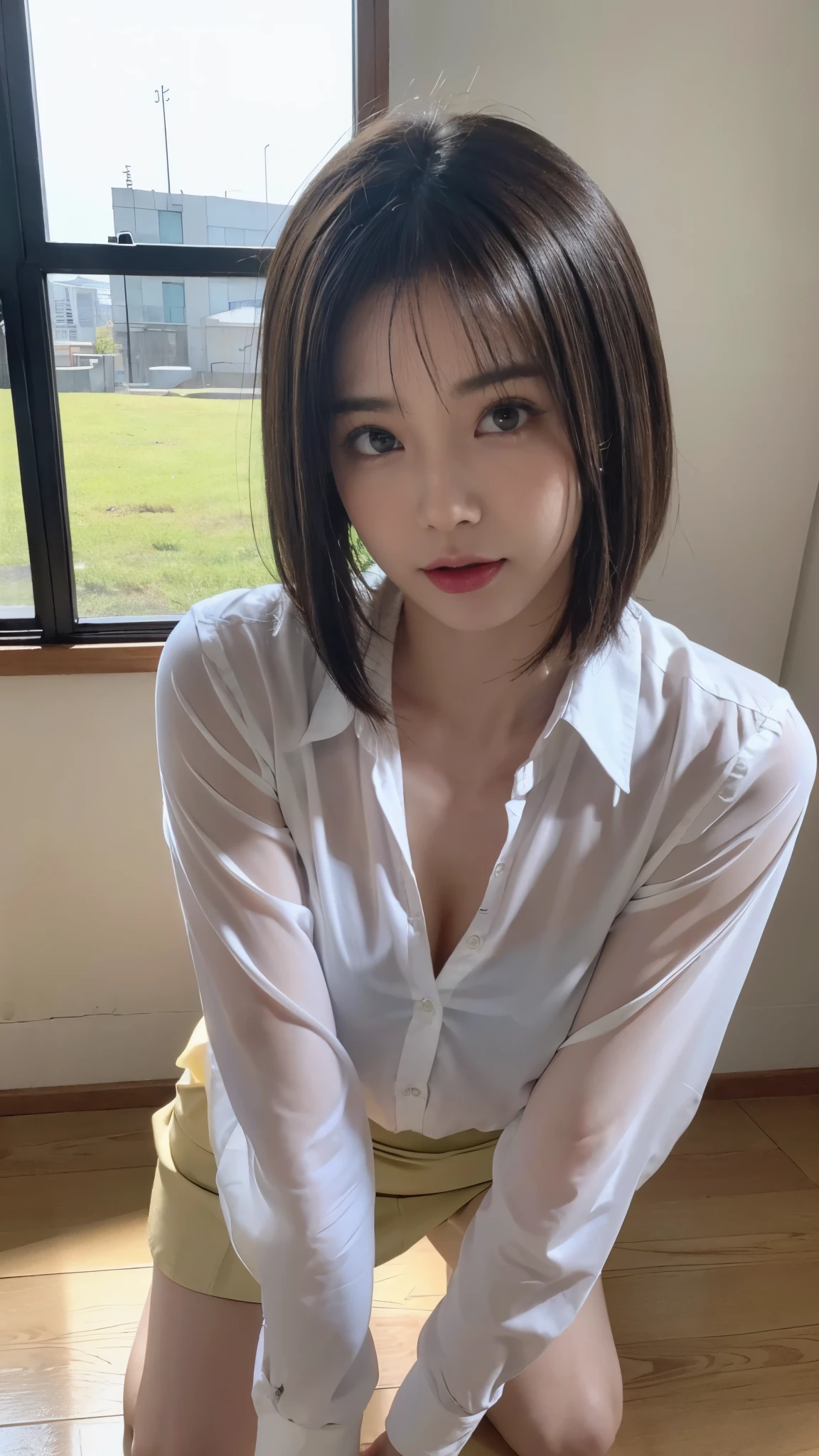 ((top quality, 8K, table top: 1.3, RAW photo)), sharp focus: 1.2, (1 Aespa Girl :1.1), alone, (realistic, realistic: 1.37), (face focus: 1.1), cute face, highly detailed face, brunette short messy hair, small smile, nude, (Take off your uniform like a chiffon shirt, roll up the skirt: 1.3), checked skirt, thigh, sit with one knee up, classroom, flower, Lily、cleavage、big breasts、slouch、Girl in a shortcut、short hairstyle、crawl on all fours、Tongue、stick out tongue、looking at the camera、Panties are visible from the skirt