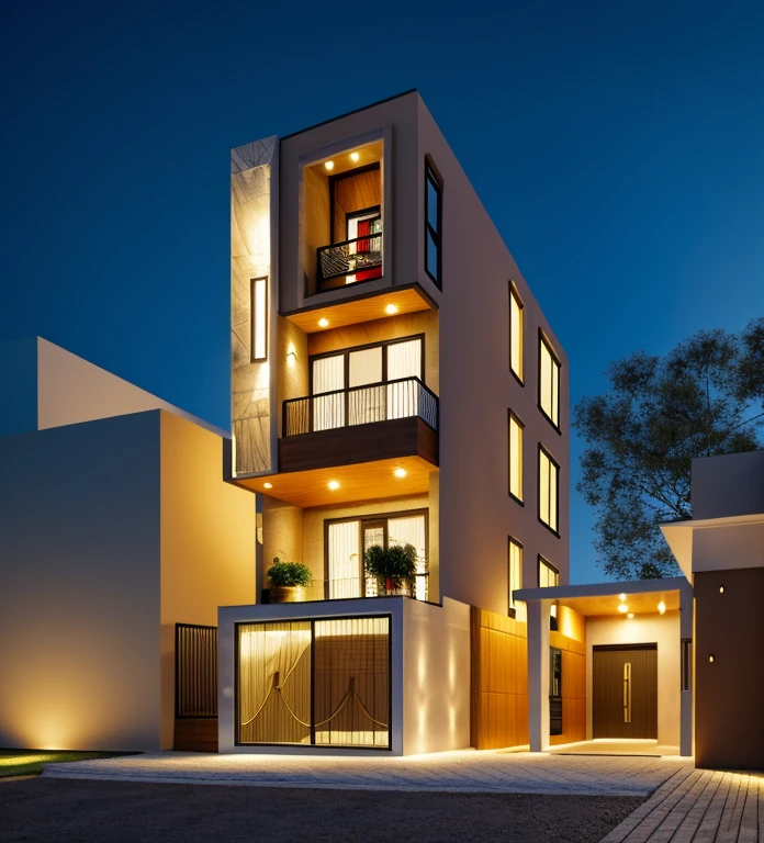Realistic images, extremely detailed, a modern house, 1 road in font of house, large yard made by ceramic, (1 car), brick fence, lawn, a few small flowers, a road in front of the house, main materials of the house are white walls and red brick, Modern design, clear blue sky, sunrise light, light from inside, dynamic light,shimering light, cinematic light, romantic feeling, (((day light, warm light)))