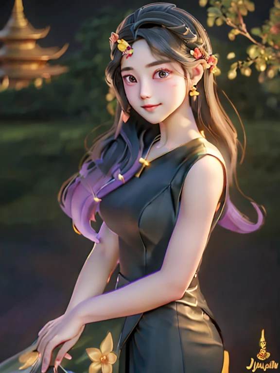 masterpiece, best quality, girl, solo, ((mature female)),, long hair, hair, princess, black dress(dress) (golden dress) fantasy, happy, looking at viewer, cartoon, anime, (oil painting)Burmese girl, 18 years old, Bagan pagoda view background, clear Hd 8k