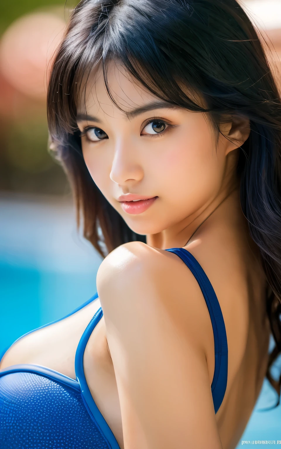 muste piece, highest quality, figure, Super fine, be familiar with, High resolution, 8k wallpaper, 完璧なダイナミックな構figure, Upper body, Beautiful eyes in every detail, 40 talented women, She is a Playboy model, natural lips, blue swimsuit, big breasts, asian woman,