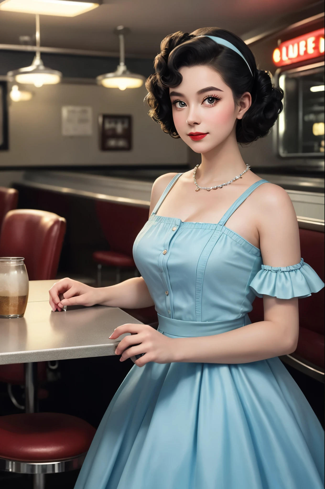 1girl dressed in a 1950s-inspired dress, complete with a full skirt and petticoat, her hair styled in classic pin curls. She should be seated at an old-fashioned diner, surrounded by vintage details like a jukebox, chrome accents, and neon signs. Her eyes should be sparkling with excitement, her skin flawless and glowing under the soft, dramatic lighting. This scene should be captured on 35mm film, with a beautiful depth of field and a slightly blurry, nostalgic background,
filmg,