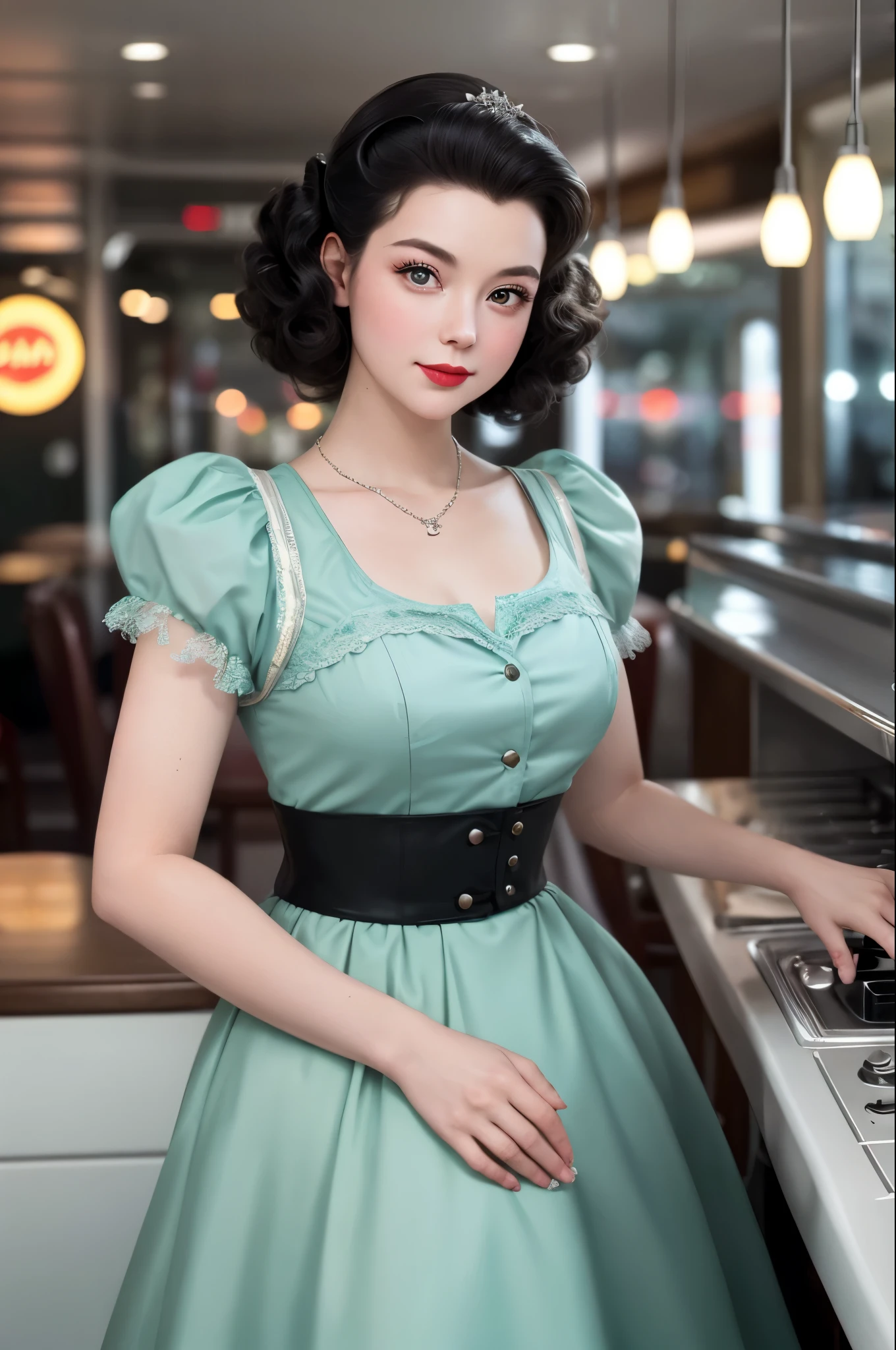 1girl dressed in a 1950s-inspired dress, complete with a full skirt and petticoat, her hair styled in classic pin curls. She should be seated at an old-fashioned diner, surrounded by vintage details like a jukebox, chrome accents, and neon signs. Her eyes should be sparkling with excitement, her skin flawless and glowing under the soft, dramatic lighting. This scene should be captured on 35mm film, with a beautiful depth of field and a slightly blurry, nostalgic background,
filmg,