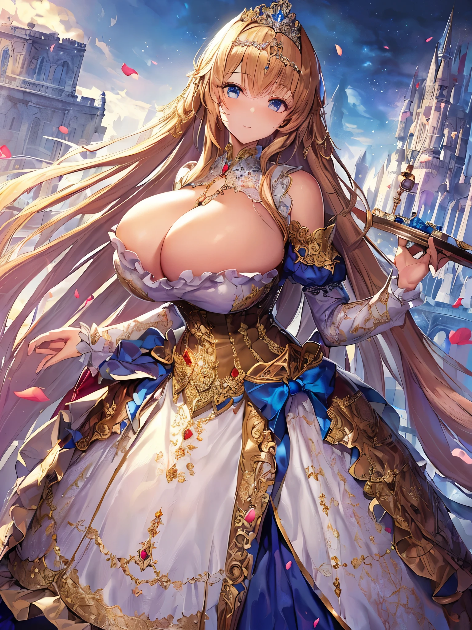 anime artstyle,Masterpiece,Best Quality,Super Detail,((Very Delicate and Beautiful)),((1 princess in beautiful embroidery and jeweled gorgeous rococo ballgown with voluminous crinoline hoop skirt)),((crinoline style)),((Solo)),Standing,(((very very gigantic tits,long tits,sagging tits,skindentation))),cleavage,detailed face and eyes,jewel-like eyes,((extremely voluminous straight Hair,Extremely Long Straight Hair)),((gorgeousfull embroidery and lace,beautiful embroidery and jeweled)),Gorgeous Gemstone Jewelry,gorgeous corsage,gorgeous hair ornament,((gorgeous glitter jeweled tiara)),((beautiful embroidery and jeweled gorgeous rococo ballgown with voluminous crinoline hoop skirt)),((crinoline,Long train)),(Standing in luxury garden),,floating castle,flowers,flower petals flowing,Dynamic Angle,Looking at viewer,(((beautiful embroidery and jeweled gorgeous rococo ballgown with voluminous crinoline hoop skirt)))