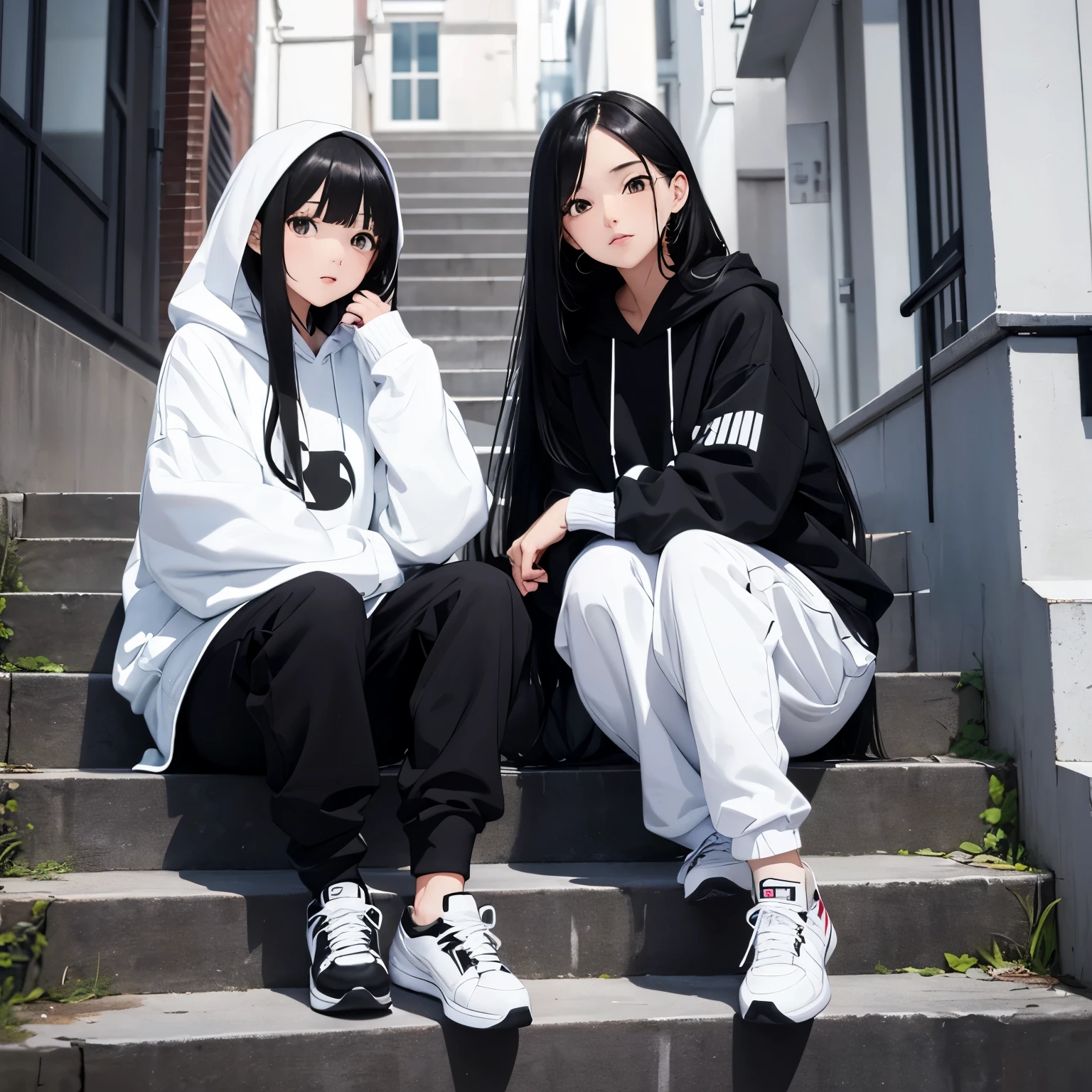 Two beautiful and cute girls, long black hair, white and black hoodie, trousers, sneakers, decent, tall, sit, stairs