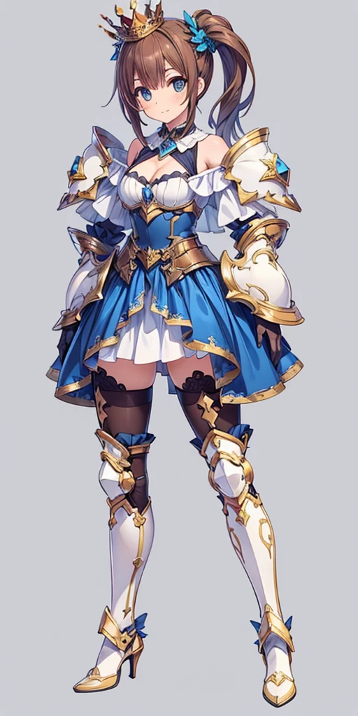 ((masterpiece:1.2)), ((highest quality)), concept art, character concept art, character sheet, (masterpiece), best quality, 1girl, solo,  a girl in armor and a crown,white armor, golden decoration, off-shoulder, breasts, thighhighs, long hair, brown hair, sidetail, armored legs, cleavage, bare shoulders, zettai ryouiki, crown, gloves, armor, simple background, white gloves, high heels, shoulder armor