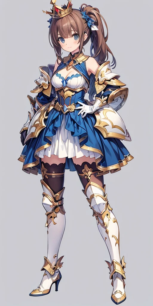 ((masterpiece:1.2)), ((highest quality)), concept art, character concept art, character sheet, (masterpiece), best quality, 1girl, solo,  a girl in armor and a crown,white armor, golden decoration, off-shoulder, breasts, thighhighs, long hair, brown hair, sidetail, armored legs, cleavage, bare shoulders, zettai ryouiki, crown, gloves, armor, simple background, white gloves, high heels, shoulder armor