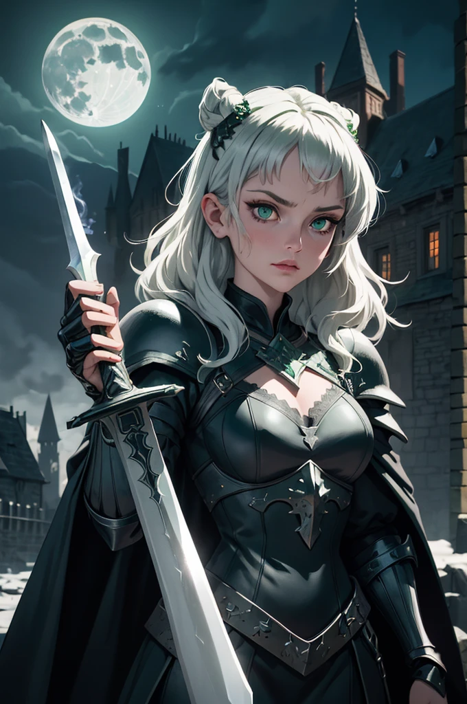 ((best quality, masterpiece)),
1girl, power pose, black and green necromancer plunging armor, white messy hair, sword, outdoor, night, moonlight, smokes on background, ((full moon ):0.5), medieval, fantasy, castle on background,