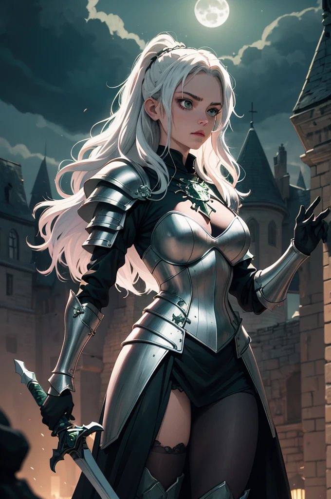 ((best quality, masterpiece)),
1girl, power pose, black  and green necromancer plunging  armor, white messy hair, sword,  outdoor, night, moonlight, smokes on background, ((full moon ):0.5), medieval, fantasy, castle on background, 