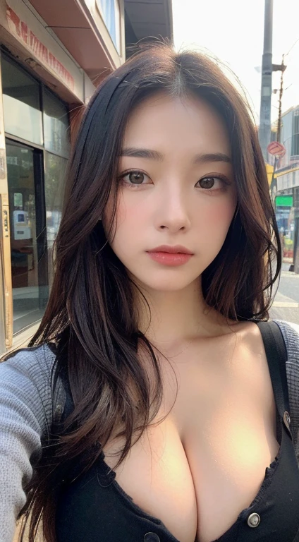 ((best qualtiy, 8K, tmasterpiece:1.3)), Sharp:1.2, perfect figure beautiful woman:1.4, Slim abs:1.2, ((Layered Hair Style, huge tit:1.3,cleavage:1.2)), (A long shirt with transparent wet black buttons:1.1),(Sateen,the street:1.2),Highly detailed facial and skin texture,A detailed eye,二重まぶた,Look sideways at the camera