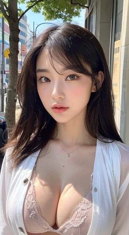 ((best qualtiy, 8K, tmasterpiece:1.3)), Sharp:1.2, perfect figure beautiful woman:1.4, Slim abs:1.2, ((Layered Hair Style, huge tit:1.3,cleavage:1.2)), (A long shirt with transparent wet black buttons：1.1），（Sateen，the street：1.2）,Highly detailed facial and skin texture，A detailed eye，二重まぶた，Look sideways at the camera