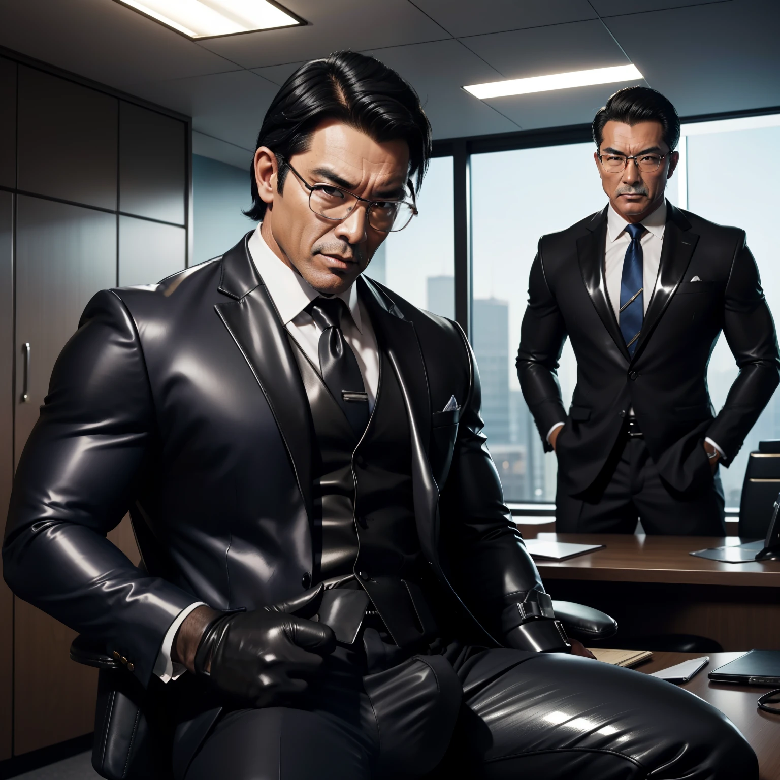 50 years old,daddy,shiny suit sit down,k hd,in the office,muscle, gay ,black hair,asia face,masculine,strong man,the boss is,handsome,sex,leather gloves,lecherous dad,look straight ahead,Dad is erection,Dad wears glasses, sucking dick