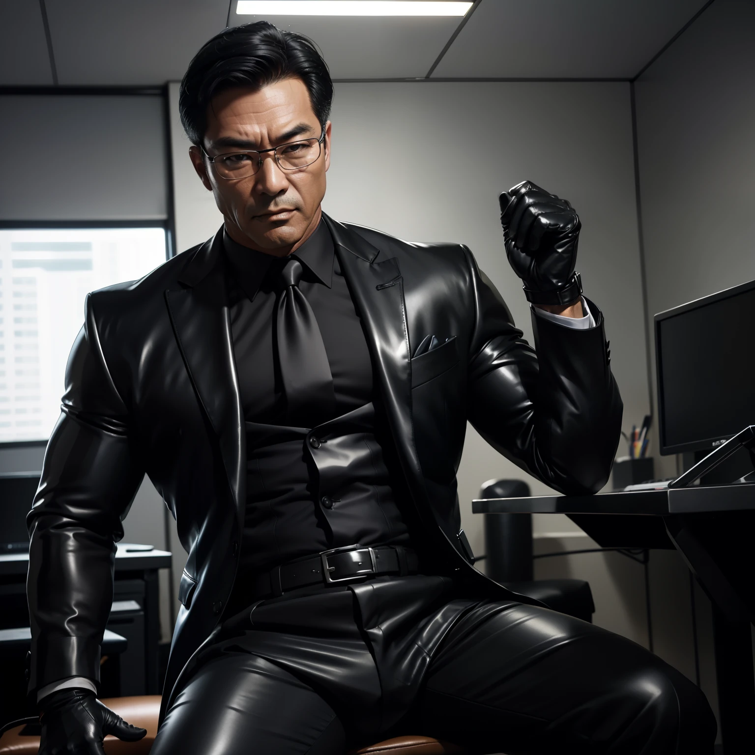50 years old,daddy,shiny suit sit down,k hd,in the office,muscle, gay ,black hair,asia face,masculine,strong man,the boss is,handsome,sex,leather gloves,lecherous dad,look straight ahead,Dad is erection,Dad wears glasses, sucking dick