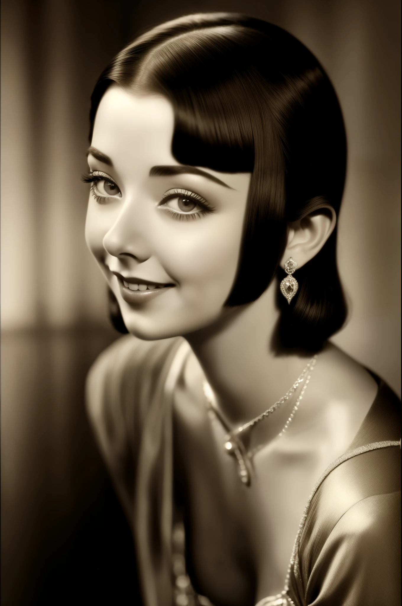 masterpiece, a cinematic sepia photograph of a beautiful  smiling girl, (Colleen Moore), 20's style hairstyle, ultra detailed, environment and liberty style furniture, beautiful eyes, high_resolution, bottom view