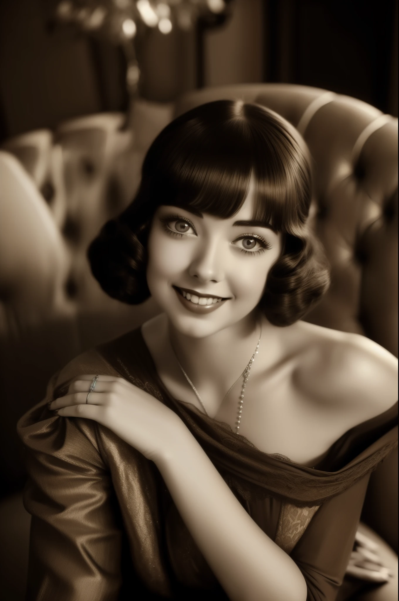 masterpiece, a cinematic sepia photograph of a beautiful smiling girl, (Colleen Moore), 20's style hairstyle, ultra detailed, environment and liberty style furniture, beautiful eyes, high_resolution, bottom view