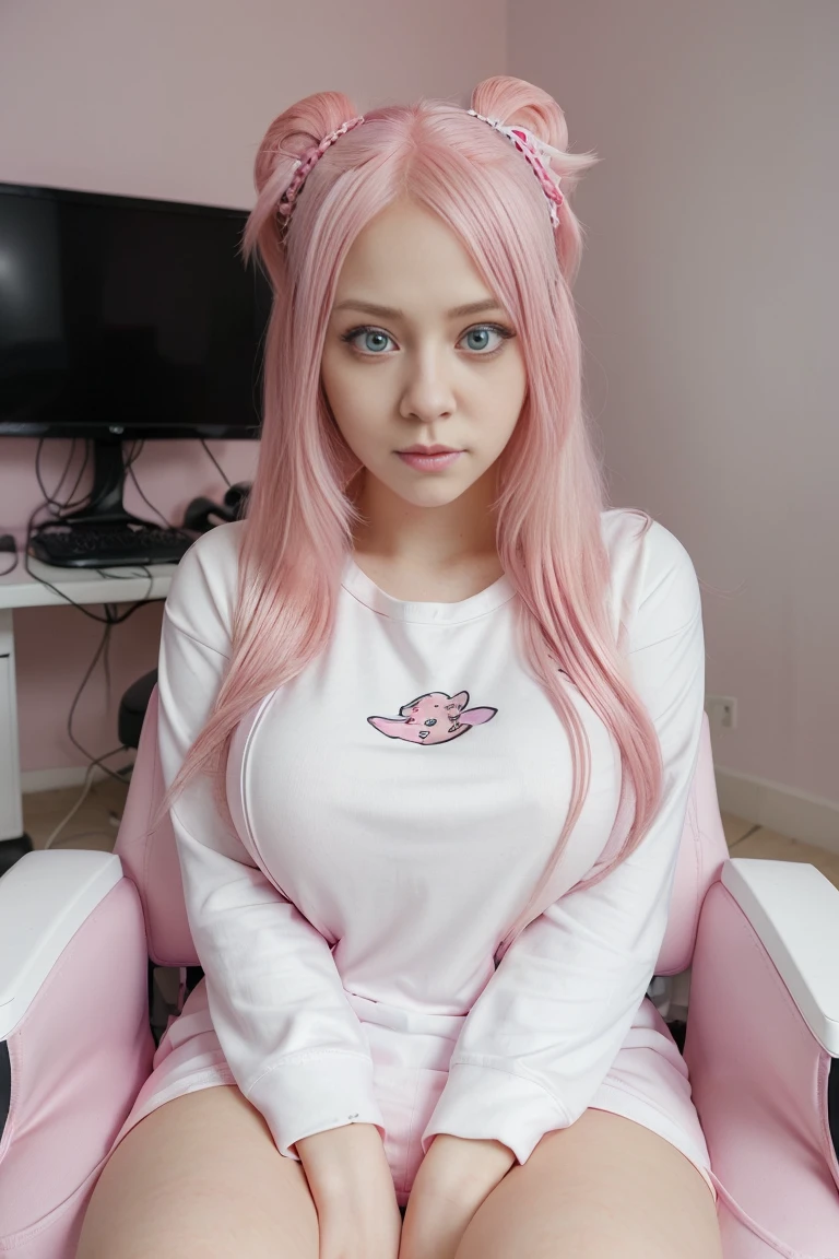 Cute busty gamer girl in gaming chair. Pink anime themed bedroom, extremely detailed eyes and face, white clothes, pink hair