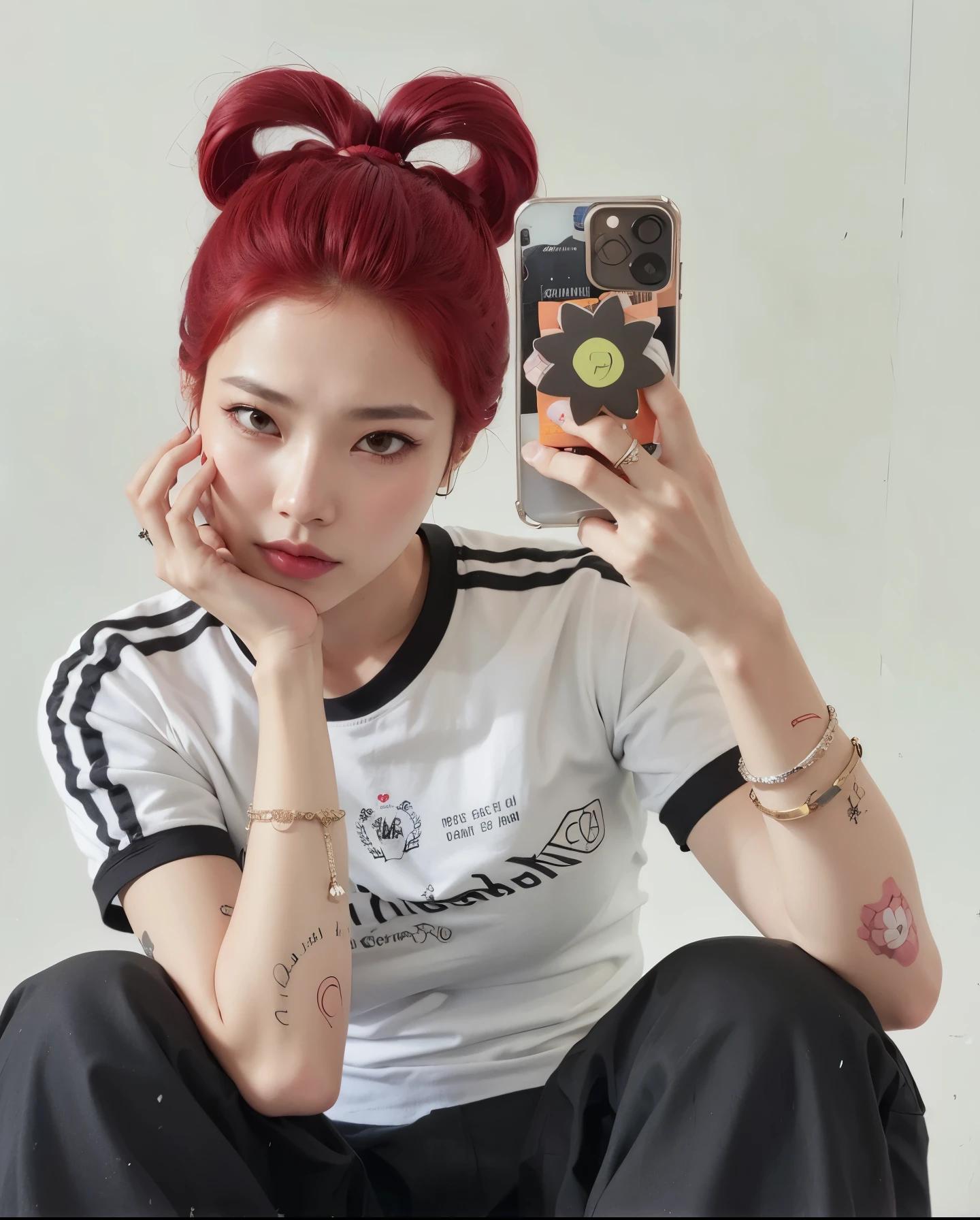 tem uma mulher com cabelo ruivo segurando um celular, Ulzzang, com cabelo ruivo, Sun Yunjoo, taejune kim, com cabelo ruivo cacheado, jossi do blackpink, Kim Doyoung, parque roseanne de blackpink, she is wearing streetwear, Heonhwa Choe, cabelo de duas cores, com longos cabelos ruivos, Jinyoung Shin, red hair and attractive features