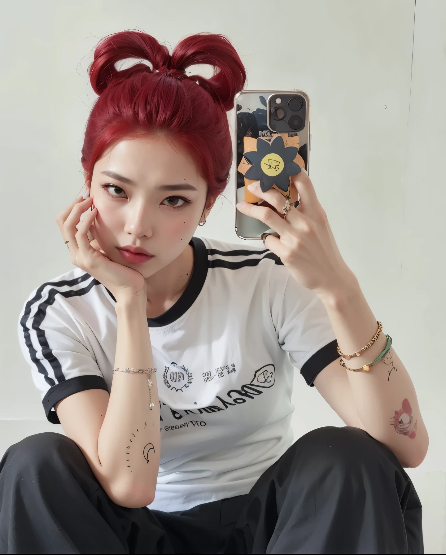 tem uma mulher com cabelo ruivo segurando um celular, Ulzzang, com cabelo ruivo, Sun Yunjoo, taejune kim, com cabelo ruivo cacheado, jossi do blackpink, Kim Doyoung, parque roseanne de blackpink, she is wearing streetwear, Heonhwa Choe, cabelo de duas cores, com longos cabelos ruivos, Jinyoung Shin, red hair and attractive features