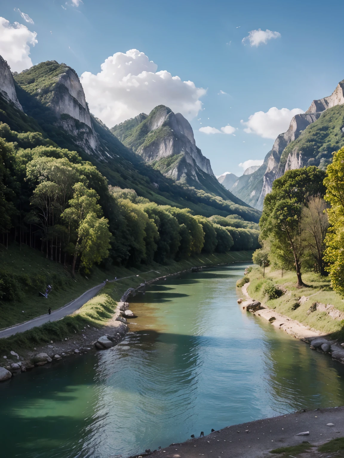 create paintings, depicting picturesque chalk mountains, towering over a picturesque river? imagination must bring nature to life, which will make the viewer feel calm and admiration for the majestic beauty of nature."