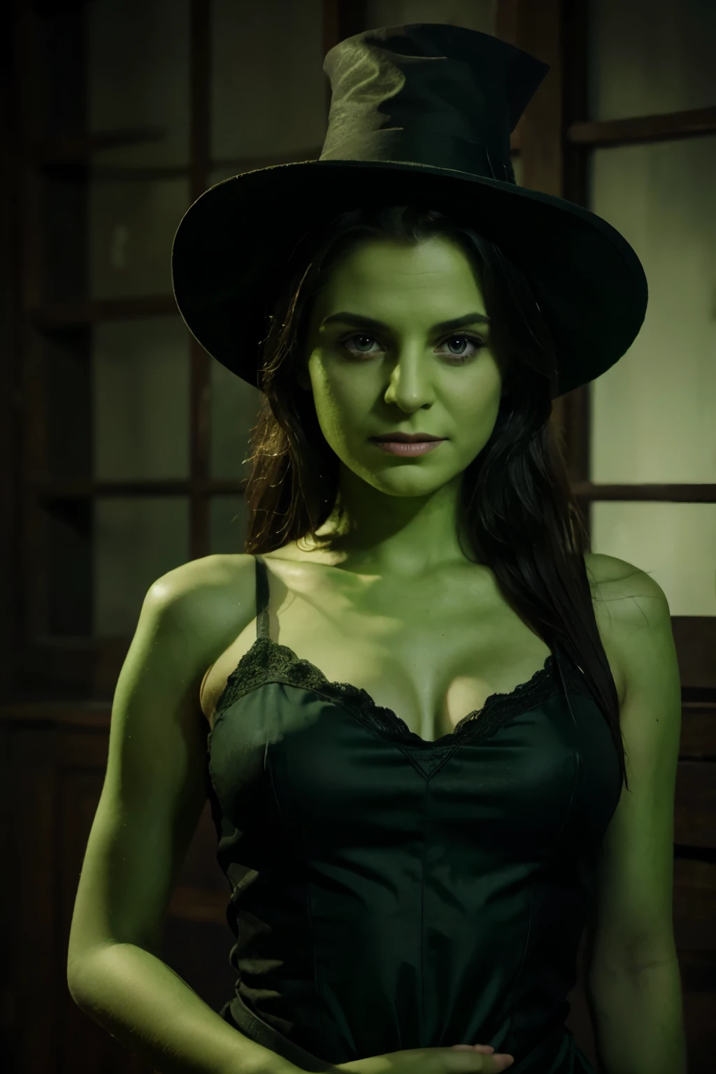 young wicked green elphaba, half body portrait