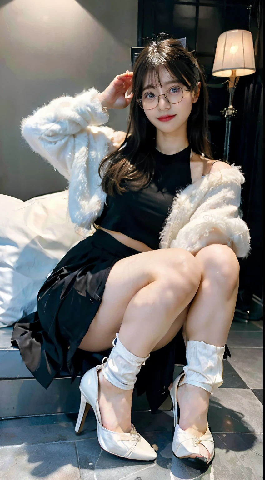ulzzang-6500-v1.1, (original photo:1.2), (lifelike:1.4), Beautiful and delicate girl, Very detailed eyes and face, Beautiful and delicate eyes, ridiculous, incredibly ridiculous, File size is huge, super detailed, high resolution, Very detailed, best quality, masterpiece, ((fashion clothing,Diverse colors)), illustration, Very detailed, CG, Unite, 8k wallpaper, Astonishing, fine details, masterpiece ,best quality, Very detailed CG uniform 8k wallpaper, There is light on the face, light, 1 girl, , long white hair, side splits, (big breasts), (No)), (Glasses), ((dynamic poses))), ((sexy pose))), (camel toe), (full body), (pantyhose)),((high heels)), ((black hip skirt))