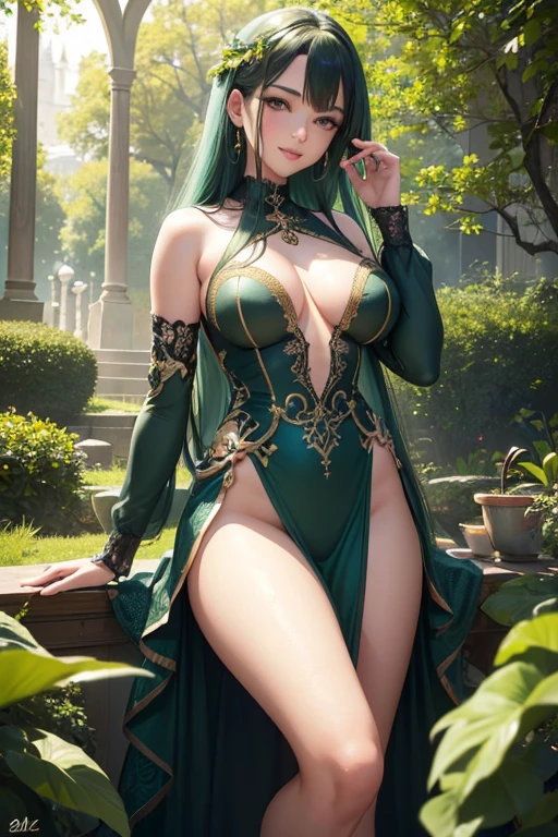 (best quality,4k,8k,highres,masterpiece:1.2),ultra-detailed,(realistic,photorealistic,photo-realistic:1.37),beautiful detailed eyes,beautiful detailed lips,extremely detailed eyes and face,longeyelashes,1girl,anime,(portrait:1.1),vivid colors,sexy dress,luxurious fabric,sparkling sequins,green hair flowing,slim waistline,provocative pose,seductive gaze,alluring smile,soft sunlight,leafy green garden,fantastical background.