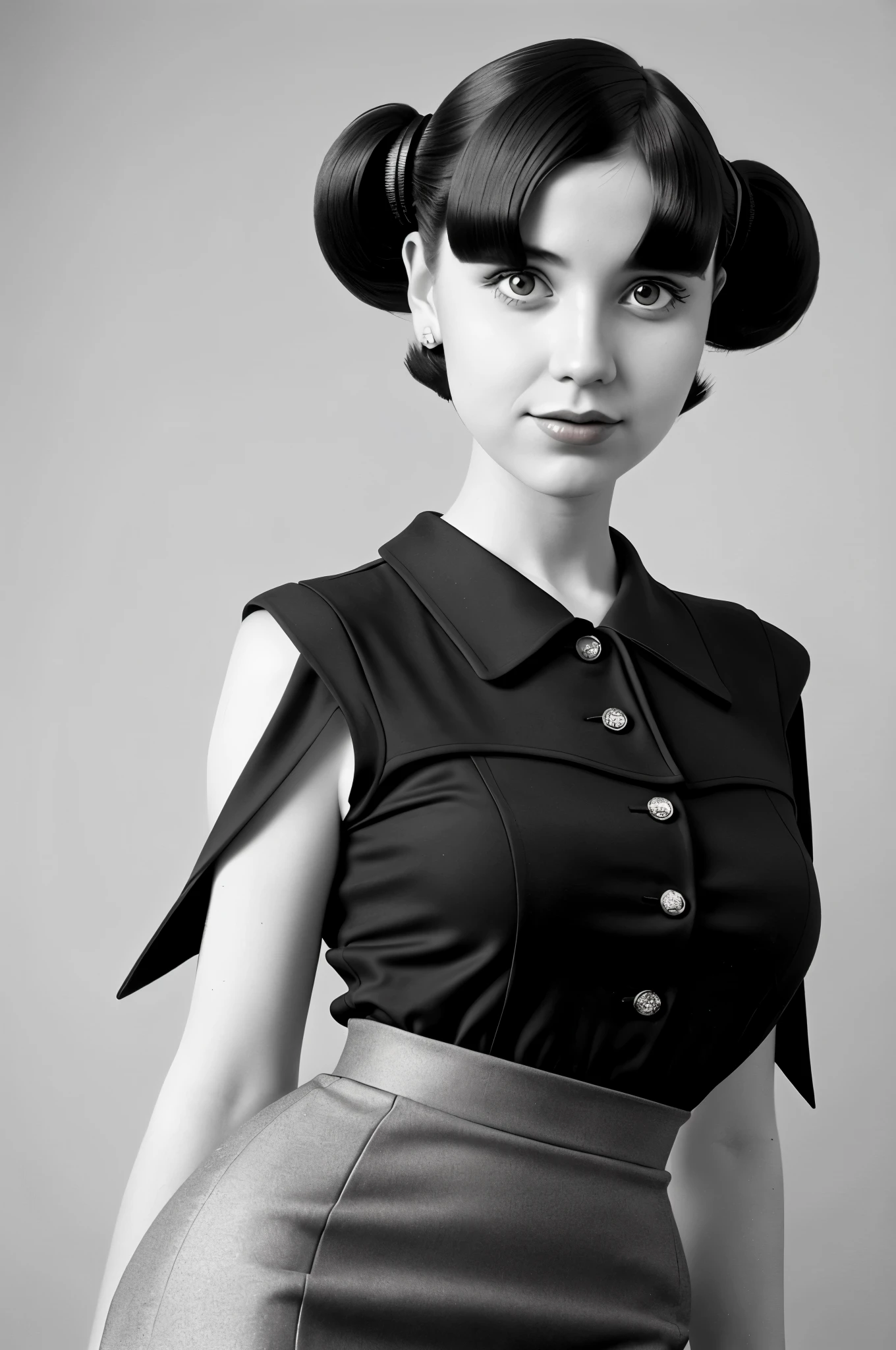 portrait of  a girl, a retro haircut, double tails, dressed in a 1930s-inspired dress, pencil skirt