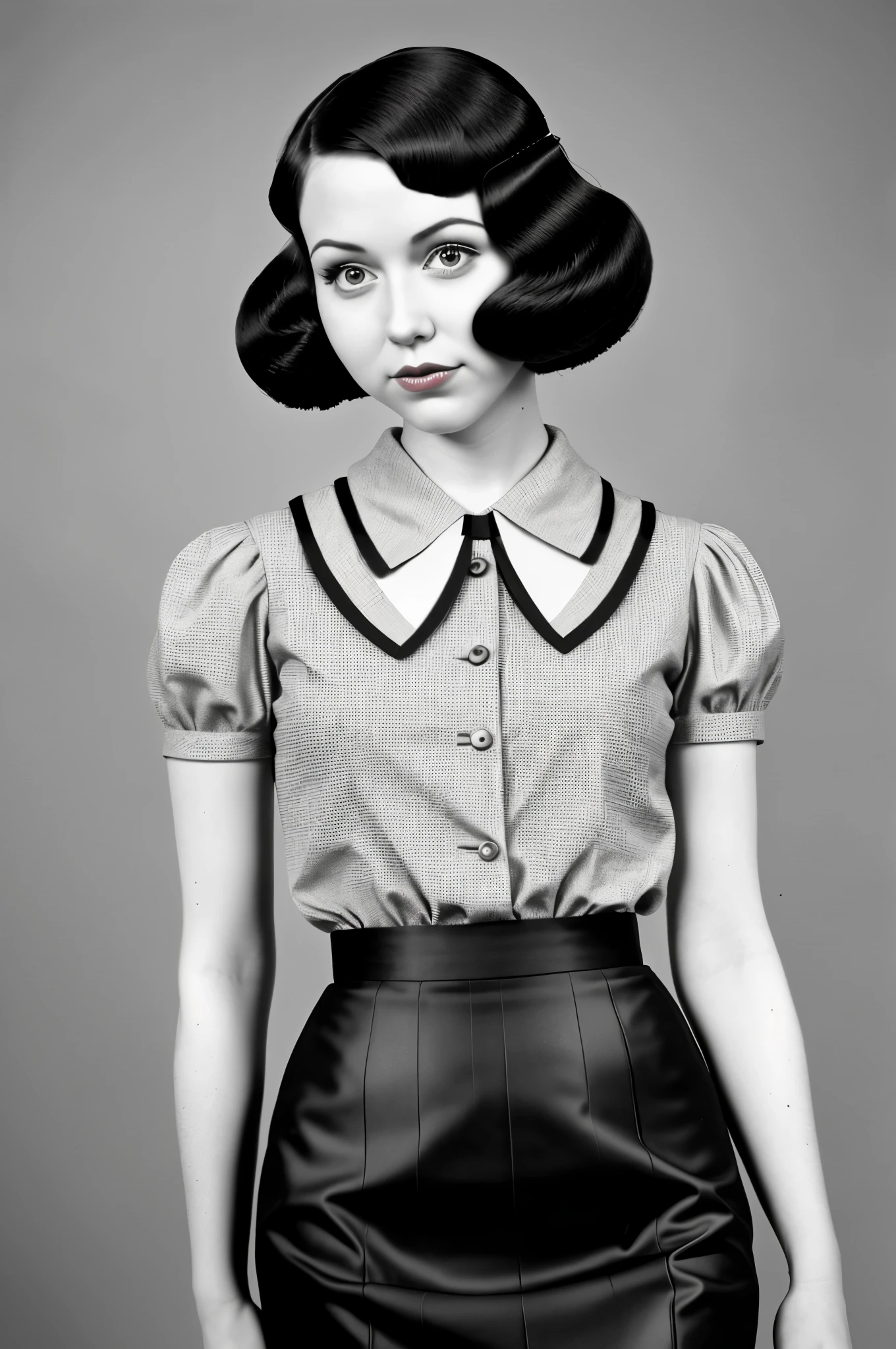 portrait of a girl, a retro haircut, double tails, dressed in a 1930s-inspired dress, pencil skirt