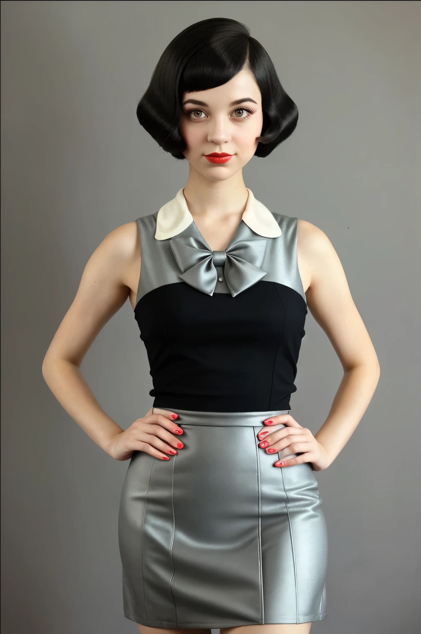 portrait of a girl, a retro haircut, double tails, dressed in a 1930s-inspired dress, pencil skirt