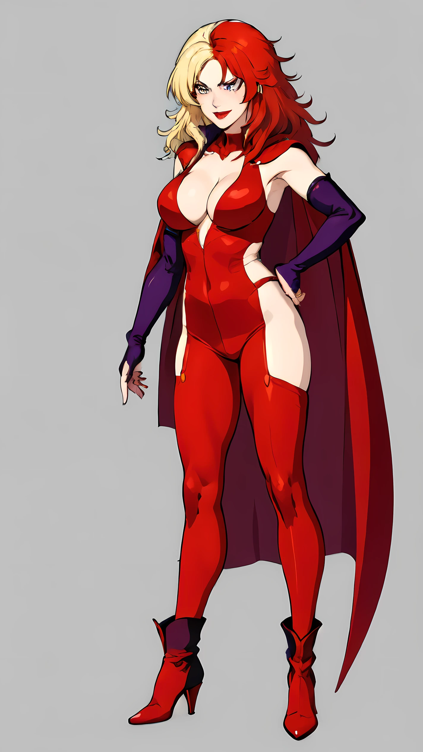 masterpiece,high quality,,solo,
chara_soon,1woman,
long hair,multicolored hair,two-tone hair,split-color hair,blonde hair,red hair,makeup,grey eyes,lipstick,
cleavage,breasts,
cape,bodysuit,sleeveless,side cutout,revealing clothes,asymmetrical clothes,
elbow gloves,bridal gauntlets,nail polish,
high heels,boots,standing, cowboy shot, laughing
