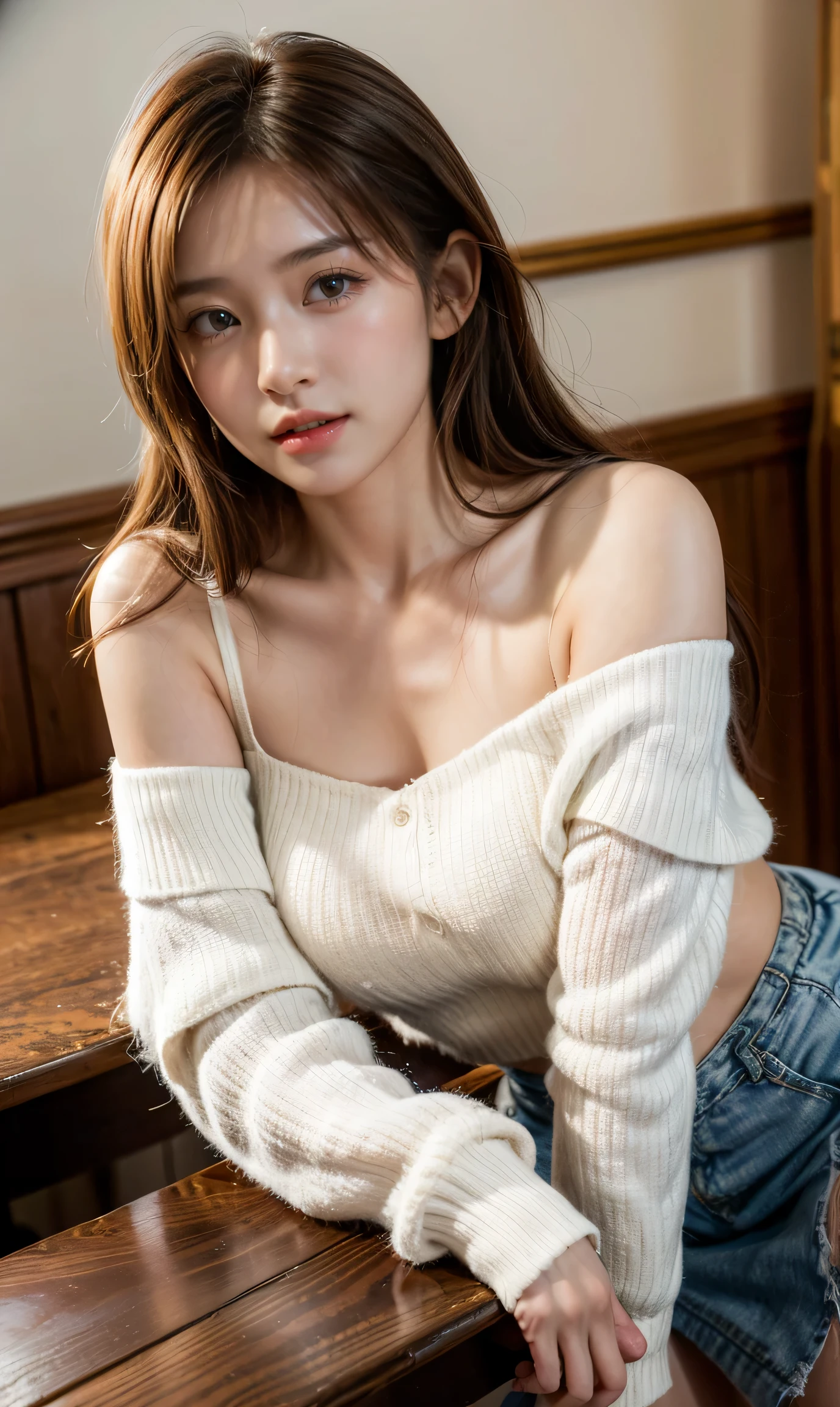 Ulchan-6500-v1.1, (RAW photo:1.2), (realistic:1.4), beautiful detailed girl, very detailed eyes and face, beautiful and fine eyes, That's ridiculous, incredibly ridiculous, huge file size, Super detailed, High resolution, very detailed, highest quality, table top, ((off shoulder white shirt)), figure, very detailed, nffsw, unified, 8k wallpaper, wonderful, small details, table top, highest quality, Highly detailed nffsw unified 8k wallpaper, face light, movie lighting, 1 girl, , ((Super detailed)), ((dynamic pose))), (camel toe), (half), (open your mouth)),(((distressed look)),skirt,