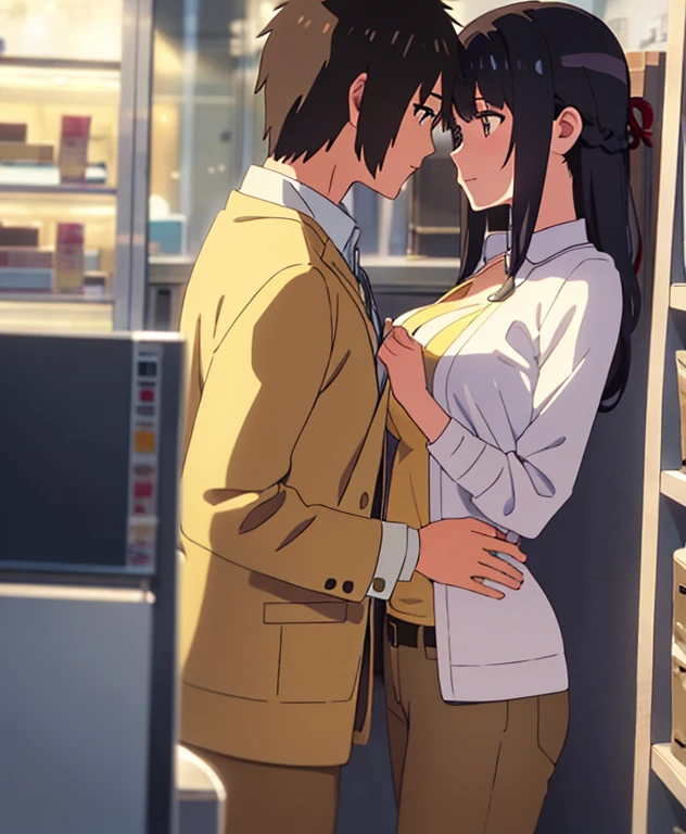 masterpiece:1.6, best quality), finely detailed beautiful eyes: 1.2), colorful, shinkai makoto, kimi no na wa., 1boy, buzzcut, muscular, kiss, brown eyes, office worker suit, boy caressing girl's body, breast groping, breast grope, hold breast, 1girl, bangs, black hair, brown eyes, waterfall braid, red ribbon, long hair, long sleeve light yellow cardigan, open shirt, yellow shirt, cleavage, breast, medium breast, black pants, indoors, jewelery shop, mall, cowboy shot, face to face