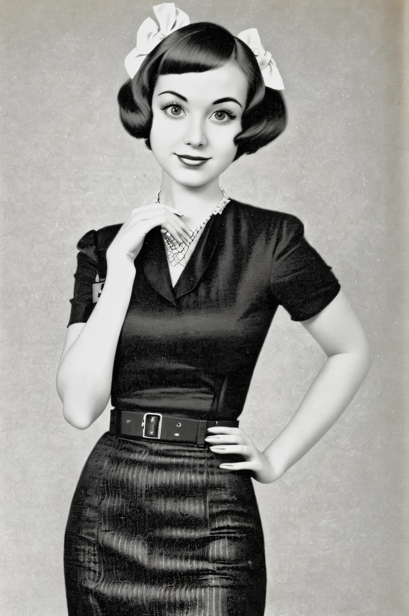 portrait of  a girl, a retro haircut, double tails, dressed in a 1930s-inspired dress, pencil skirt