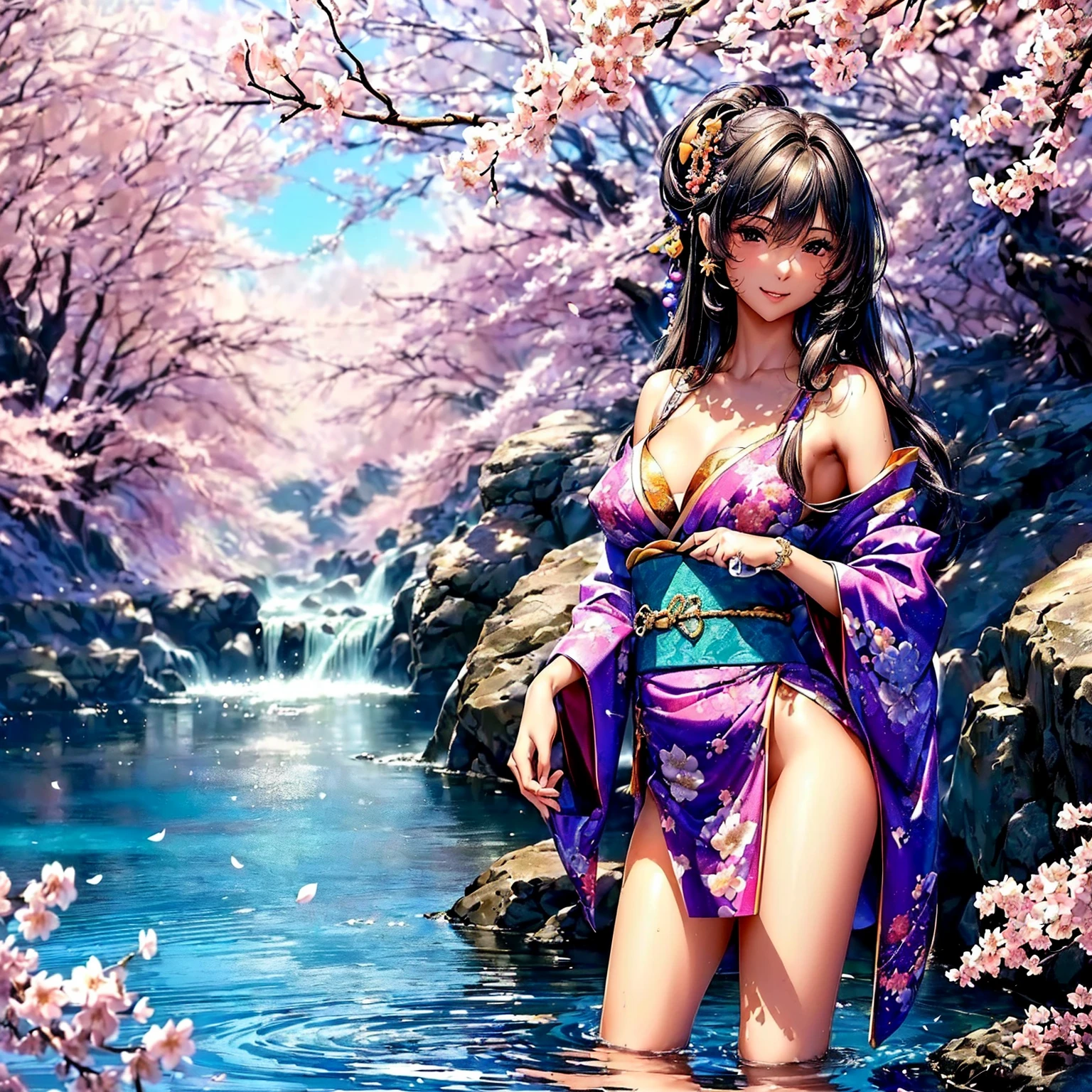 (((highest quality、masterpiece、very high resolution、highly detailed images、detailed details)))、(A woman of perfect and ultimate beauty:18-year-old, beautiful body、beautiful face、beautiful hair:Hairstyle,bright smile)、(Slender and beautiful body:beautiful breasts, best skin and hair texture)、((japanese kimono:Beautiful Japanese pattern and colorful,shoulders are exposed,I can see my thighs)),((Mysterious waterfront:beautiful waterfall and cherry blossoms,fantastic night sky,natural light,beautiful scenery,beautiful scenery,Beautiful colors)),(water play,beautiful pose,model shoot,Hair flutters under the influence of the wind),bijinga,Overall image、accurate image、accurate anatomy、Image without defects,(best shot,RAW photo:1.2)