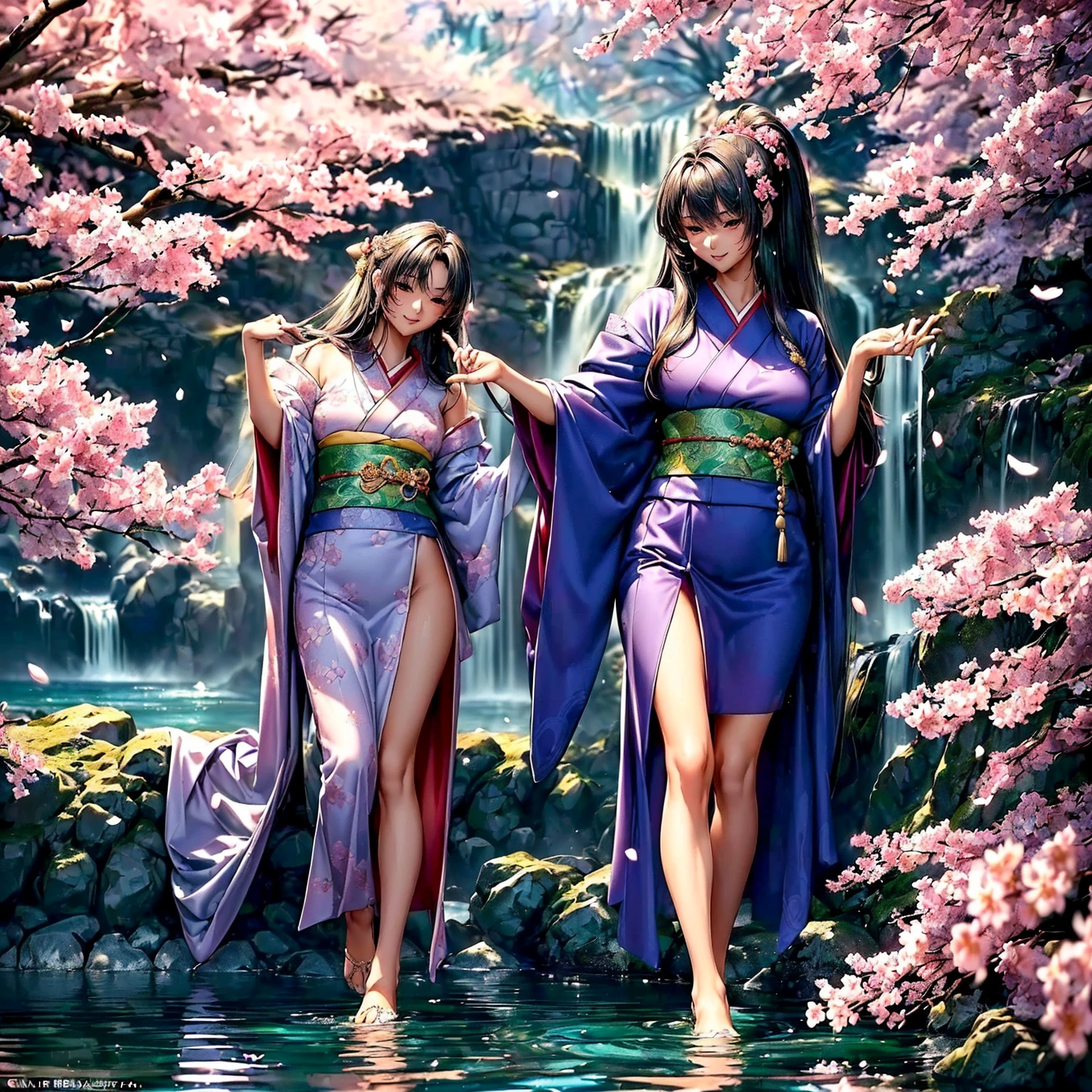 (((highest quality、masterpiece、very high resolution、highly detailed images、detailed details)))、(A woman of perfect and ultimate beauty:18-year-old, beautiful body、beautiful face、beautiful hair:Hairstyle,bright smile)、(Slender and beautiful body:beautiful breasts, best skin and hair texture)、((japanese kimono:Beautiful Japanese pattern and colorful,shoulders are exposed,I can see my thighs)),((Mysterious waterfront:beautiful waterfall and cherry blossoms,fantastic night sky,natural light,beautiful scenery,beautiful scenery,Beautiful colors)),(water play,beautiful pose,model shoot,Hair flutters under the influence of the wind),bijinga,Overall image、accurate image、accurate anatomy、Image without defects,(best shot,RAW photo:1.2)